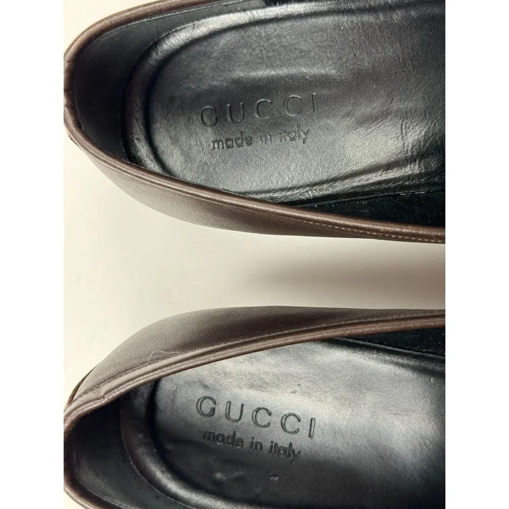 GUCCI Brown Leather Blue Ribbon Luxury Loafer Mens 8.5 D Flaw* Comfort‎ Shoes